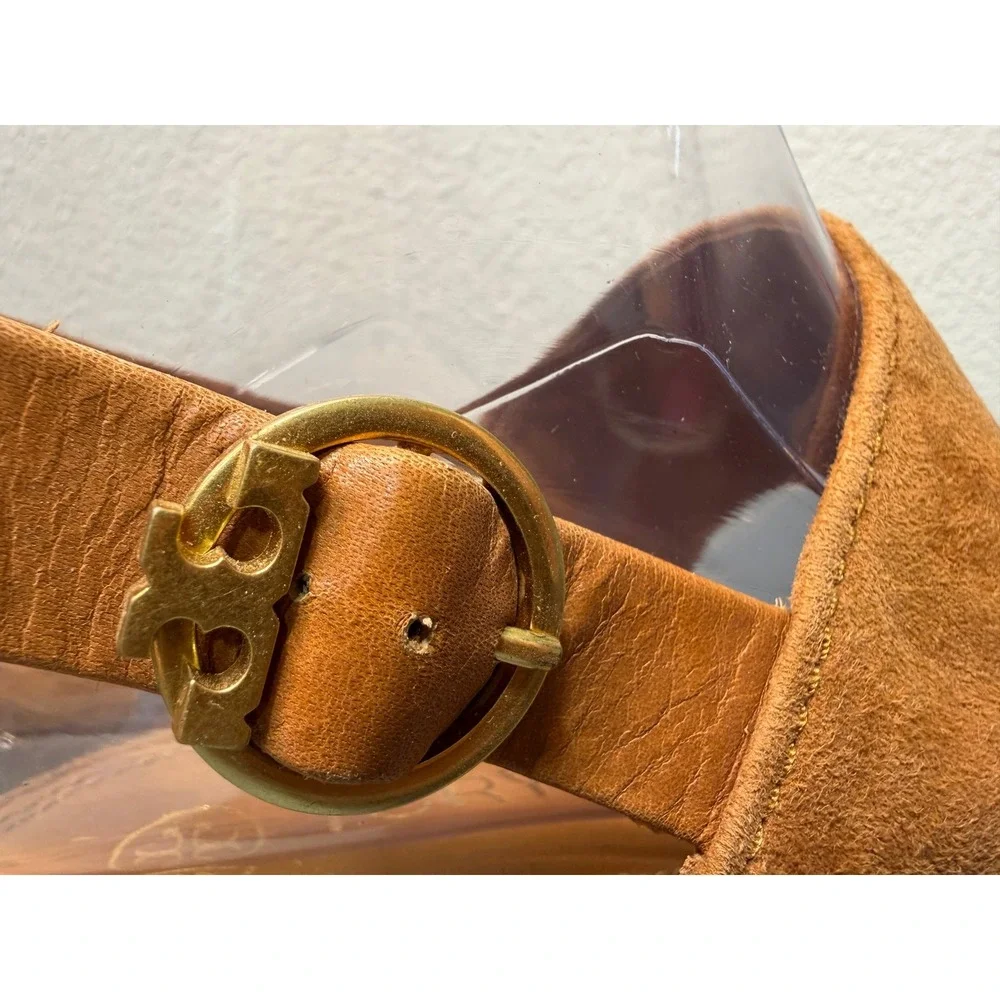 Tory Burch Tan Suede‎ Block Heel Slingback Sandals Gold Logo Buckle Womens 8M